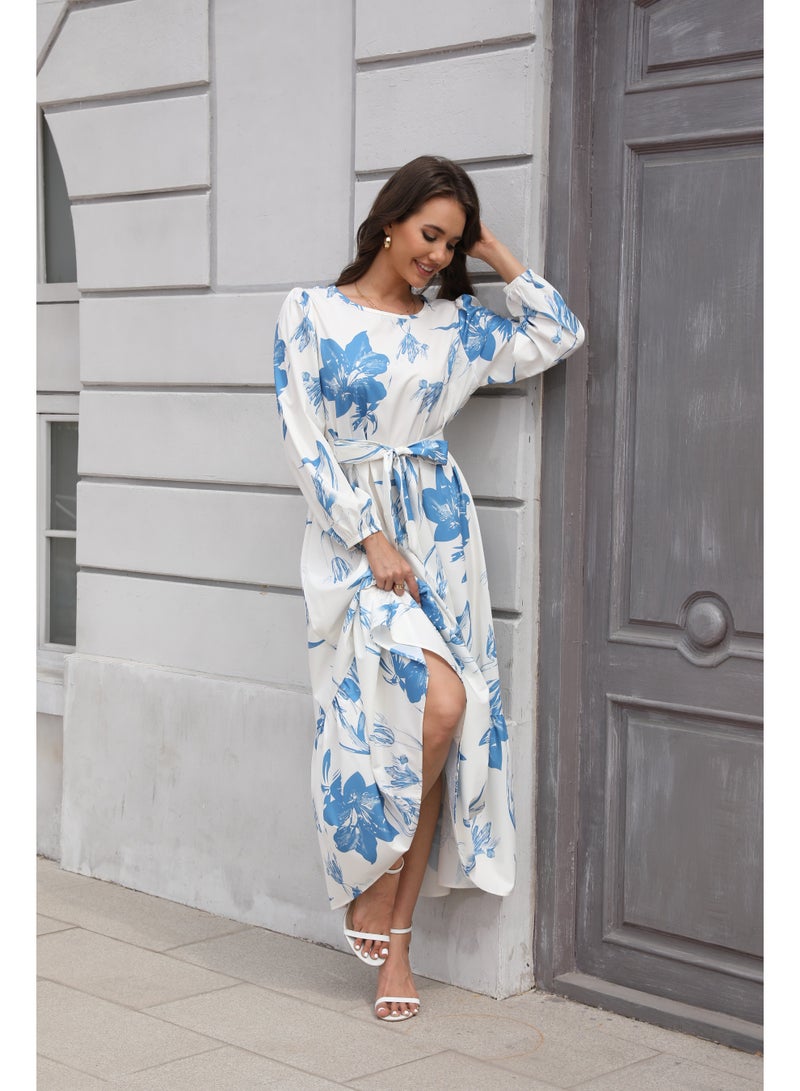 Maxi Dresses for Curvy Women Casual 3/4 Sleeve Crewneck Floor Length Floral Print Dress with Belt - Image 5